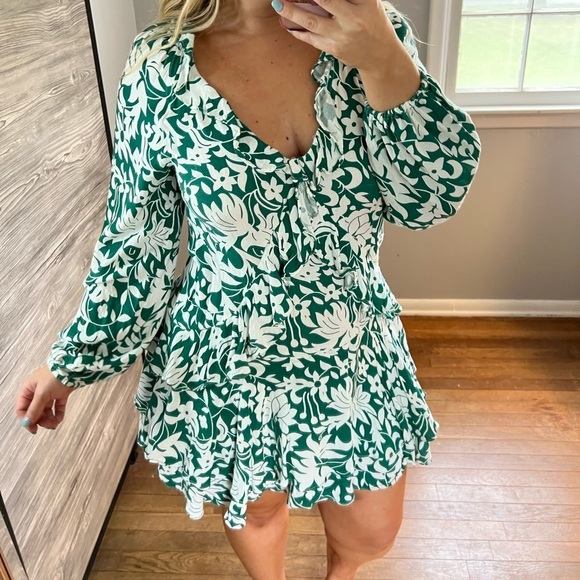 Free People Long Sleeve Green White Dress Mini Small - Picture 9 of 12